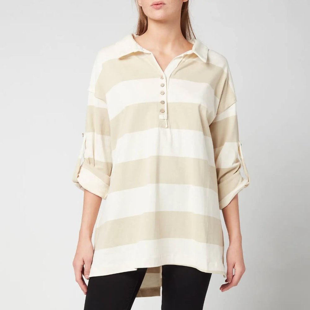 Free People Striped Rolled Up Cuff Sleeves Peyton Rugby Top Sand Combo Small